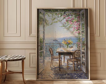 French Riviera Balcony View Print: Mediterranean Coastal Art (Digital Download)
