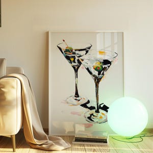 2つのマティーニの絵画風ポスター、カクテルウォールアート、バーカートの装飾、デジタルダウンロード、自宅や寮の装飾、カクテル愛好家へのギフト、トレンディアート