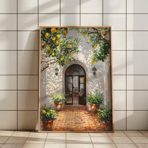 Greek House Wall Art | Santorini Summer Digital Print, Mediterranean Lemon Tree Home Poster, Euro Summer Print, Cycladic Architecture Decor