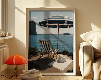 Coastal Beach Chair Print: Mediterranean Ocean Scene (Digital Download)