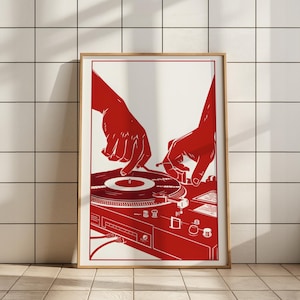 May include: Red silhouette of hands on a turntable, with a record spinning on the platter. The turntable is red and has a white background.