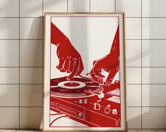 Record Player Print Digital Download, Vinyl Record Wall Art, Line Art, Retro Music Poster, DJ Wall Art, Aesthetic Music Decor, Trendy Dorm