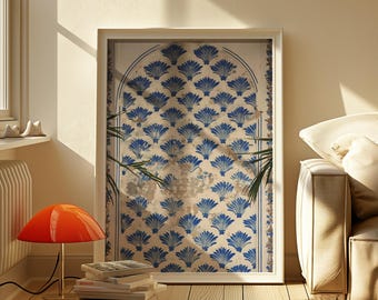 Blaue Blumen Fliesen-Kunstdruck: Vintage mediteranes Dekor (Digitaler Download)