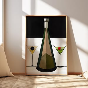 Martini Cocktail & Wine Bottle Art Print – Retro Bar Cart Decor, Minimalist Alcohol Wall Art, Modern Kitchen Poster, Home Bar Aesthetic