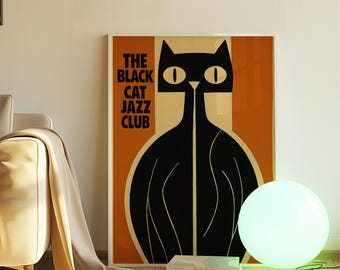 Black Cat Jazz Club Poster: Retro Mid-Century Modern Art (Digital Download)