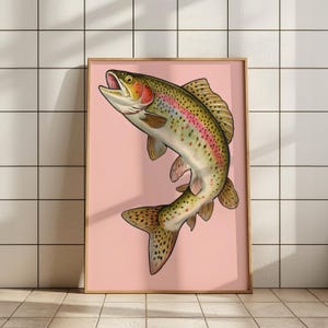 Impression d'art mural truite arc-en-ciel - illustration de poisson vintage, décor de noyau de pêcheur, esthétique de cabine, cadeau de pêche à la mouche, téléchargement de Lake House
