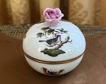 Vintage Herend Rothschild Bird Round Trinket Box with Flower Finial