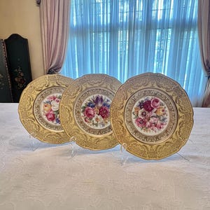 Set of 12 Vintage P.T. Bavaria Tirschenreuth Gilt and Floral Porcelain Plates