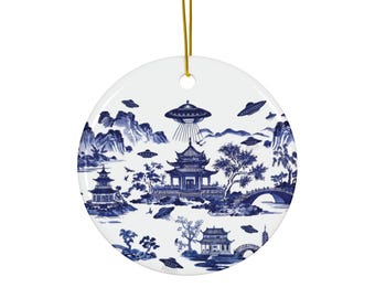 Porcelain Alien UFO Abduction Ornament Unique UFO Gift ufo Abduction Toile De Jouy Style Ornament Perfect Gift for UFO Enthusiasts