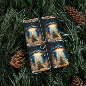 UFO Abducting Christmas Presents Wrapping Paper Holiday White Elephant Gift Wrap UFO Lover Alien Space Lover Sci-fi Paranormal Gift image 2