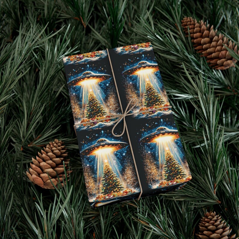 UFO Abducting Christmas Presents Wrapping Paper Holiday White Elephant Gift Wrap UFO Lover Alien Space Lover Sci-fi Paranormal Gift image 2