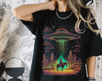Neon UFO Cowboy Shirt Sci-Fi Western shirt Alien Abduction Shirt Alien Desert Design unique UFO Cowboy Fans Desert Cowboy Spooky Season