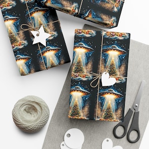 UFO Abducting Christmas Presents Wrapping Paper Holiday White Elephant Gift Wrap UFO Lover Alien Space Lover Sci-fi Paranormal Gift image 1