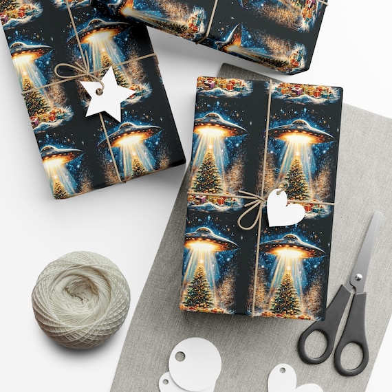 UFO Abducting Christmas Presents Wrapping Paper Holiday White Elephant Gift Wrap UFO Lover Alien Space Lover Sci-fi Paranormal Gift