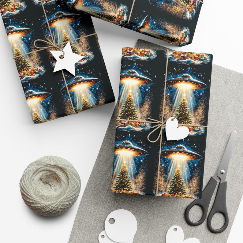 UFO Abducting Christmas Presents Wrapping Paper Holiday White Elephant Gift Wrap UFO Lover Alien Space Lover Sci-fi Paranormal Gift image 1
