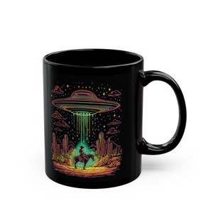 Neon UFO Cowboy Mug Sci-Fi Western Coffee Mug Alien Abduction Mug Alien Desert Design Perfect Gift for UFO Cowboy Fans Desert Cowboy image 2