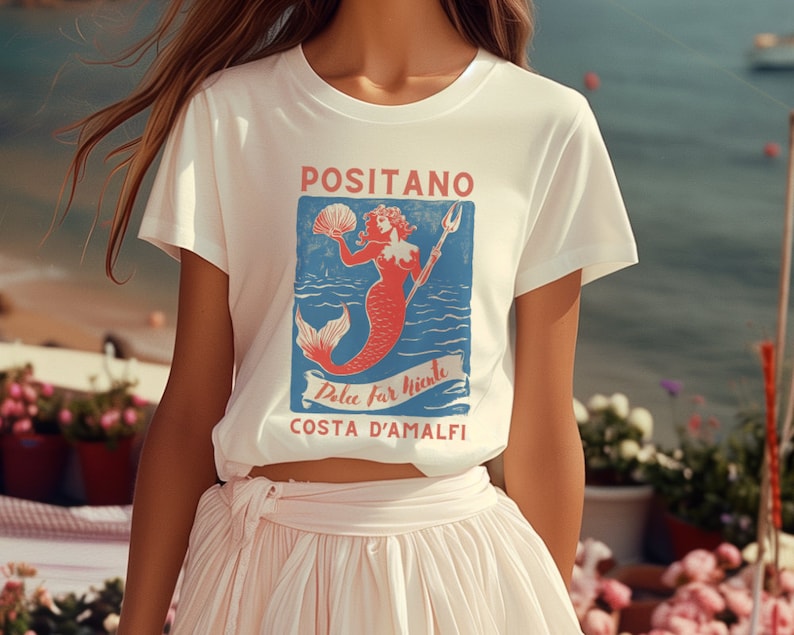 Koszula Positano Mermaid Dolce Far Niente Costa D'Amalfi Coastal Babcia Włochy Koszula podróżna Mermaidcore Mermaid Koszula Coastal Babcia zdjęcie 2