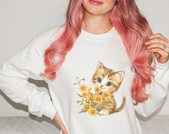 Vintage Style Kitschy Kitten with Yellow Flowers Sweatshirt Adorable Retro Design for Cat Lovers Cat Mom Gift Retro Kitten Sweatshirt