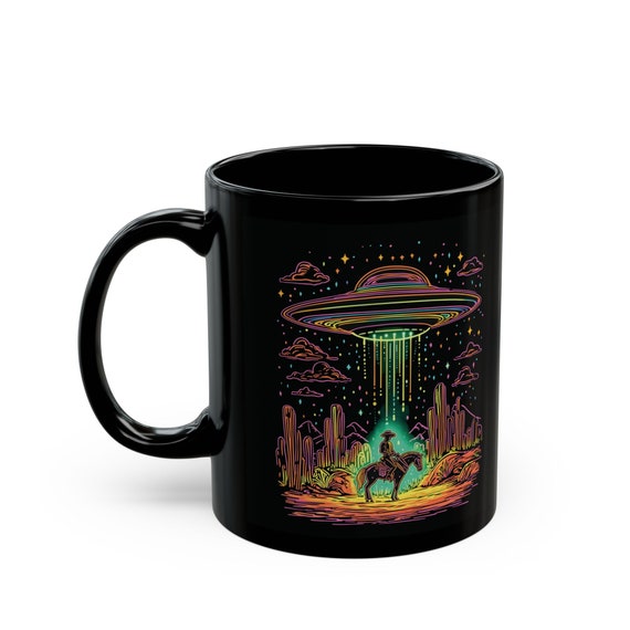 Neon UFO Cowboy Mug Sci-Fi Western Coffee Mug Alien Abduction Mug Alien Desert Design Perfect Gift for UFO Cowboy Fans Desert Cowboy