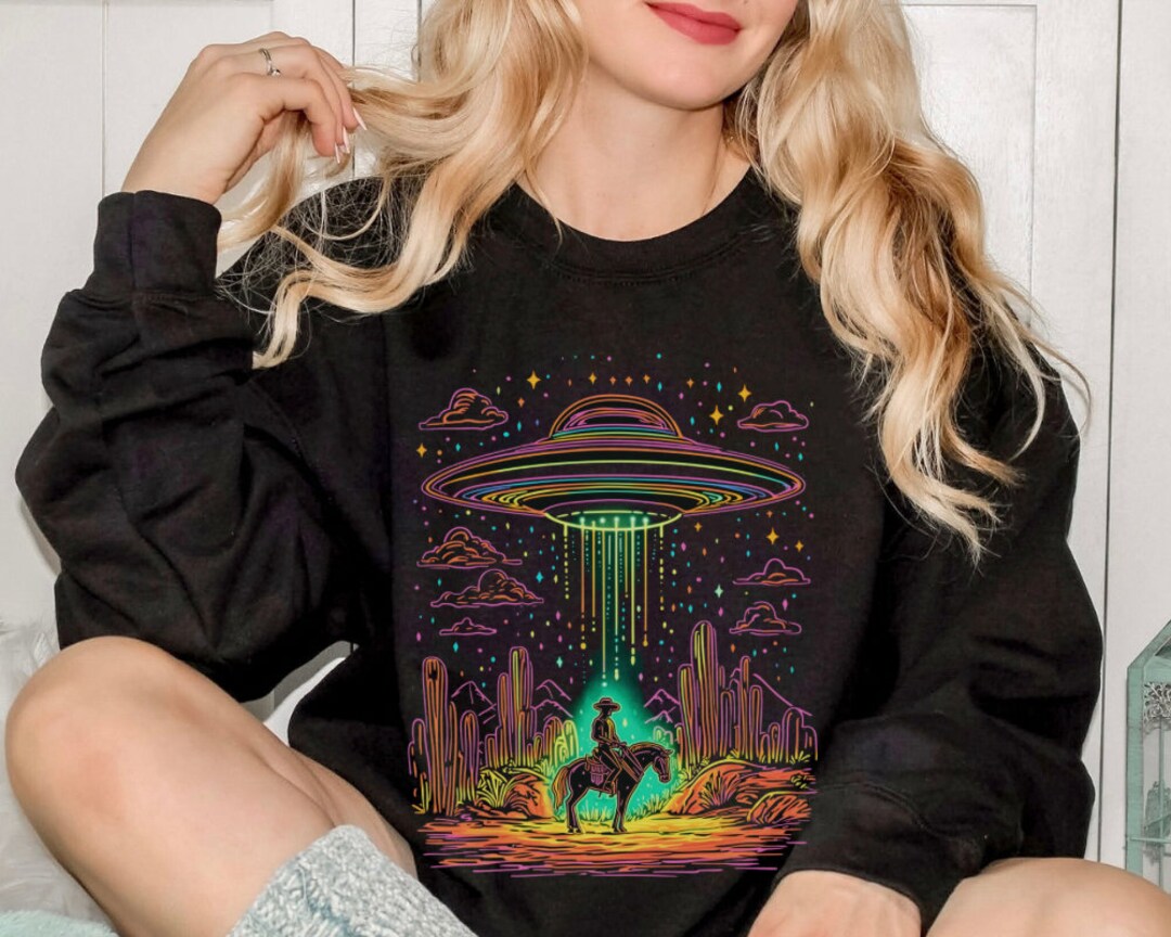 Neon UFO Cowboy Sci-fi Western Sweatshirt Alien Abduction Sweatshirt ...