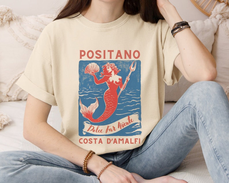 Koszula Positano Mermaid Dolce Far Niente Costa D'Amalfi Coastal Babcia Włochy Koszula podróżna Mermaidcore Mermaid Koszula Coastal Babcia zdjęcie 5