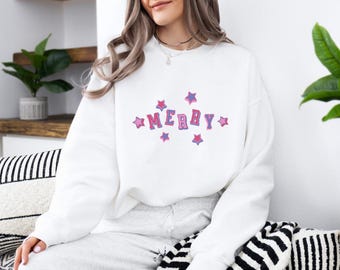 Merry Girly collegiale stijl vrolijk sweatshirt Preppy Christmas Girly kerstsweater roze kerstsweatshirt Varsity coquette