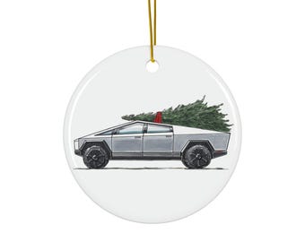 Adorno navideño para coche con diseño de camión de ciencia ficción y árbol de Navidad, ideal como regalo para amantes de la tecnología futurista, un ciber Elon, un ingeniero tecnológico divertido, un adorno único para el coche.