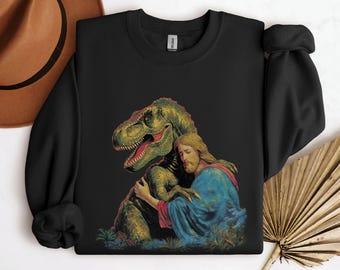 Jesus Dinosaur Sweatshirt Funny Dinosaur Dino Meme Ugly Sweater Christian Parody 90s Vintage Retro T-Rex Graphic Religious Satire Crewneck