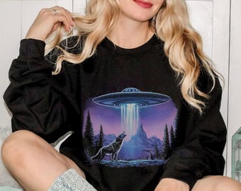 UFO-bortförande tröja retro UFO-tröja varg ylande tröja UFO-gåva unisex Alien bortförande tröja paranormal Alien ufo-tröja