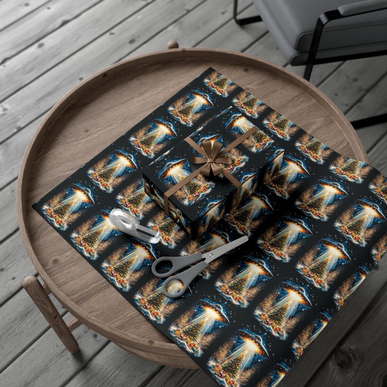UFO Abducting Christmas Presents Wrapping Paper Holiday White Elephant Gift Wrap UFO Lover Alien Space Lover Sci-fi Paranormal Gift image 3