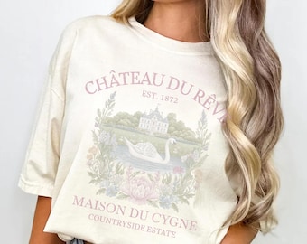 Camisa de castillo, camisa de estética francesa, camisa con gráfico de cisne, camisa de finca campestre, camisa vintage romántica, camisa cottagecore parisina, moda parisina