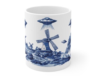 Dutch Windmill UFO Abduction Mug - Perfect Gift For UFO Enthusiasts Delft Porcelain UFO Toile Chinoiserie Mug Housewarming Gift Bone China