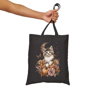 Kitten with pumpkins fall themed kitten with pumpkins tote Halloween trick or treat bag  Cozy Autumn Cat Lover Tote