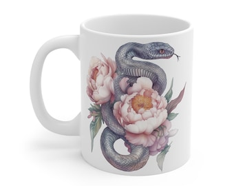 Caneca com Serpente e Peônia, Estilo Gótico Floral, Estética Cottagecore Escura, Caneca Feminista Suave, Arte de Serpente Bruxa, Caneca com Flor de Serpente