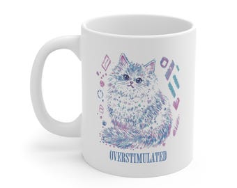 Taza "Sobreestimulada", gato sobreestimulado, vintage de los 90, taza de rareza desquiciada, taza de mamá neurodivergente, taza divertida para la ansiedad, regalo para compañeros de trabajo.