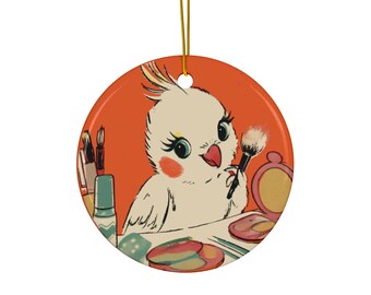 Christmas Cockatiel Ornament for Bird Lover Cute Vintage Makeup Bird Holiday Decor Parrot Mom Cockatiel Mom Gift Makeup Artist Bird Owner