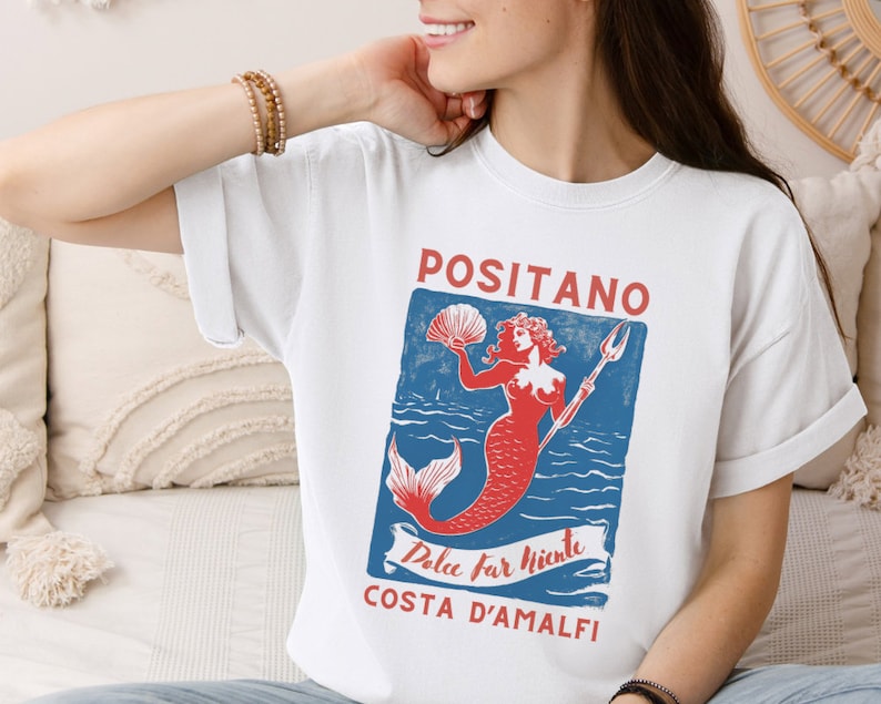 Koszula Positano Mermaid Dolce Far Niente Costa D'Amalfi Coastal Babcia Włochy Koszula podróżna Mermaidcore Mermaid Koszula Coastal Babcia zdjęcie 3