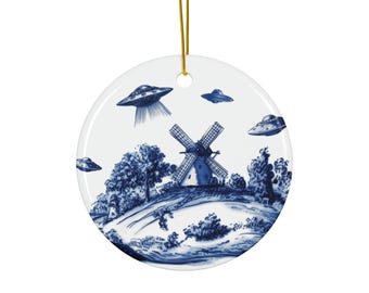 Dutch Windmill Alien UFO Abduction Ornament Unique UFO Gift Delft Porcelain Toile De Jouy Style Ornament Perfect Gift for UFO Enthusiasts