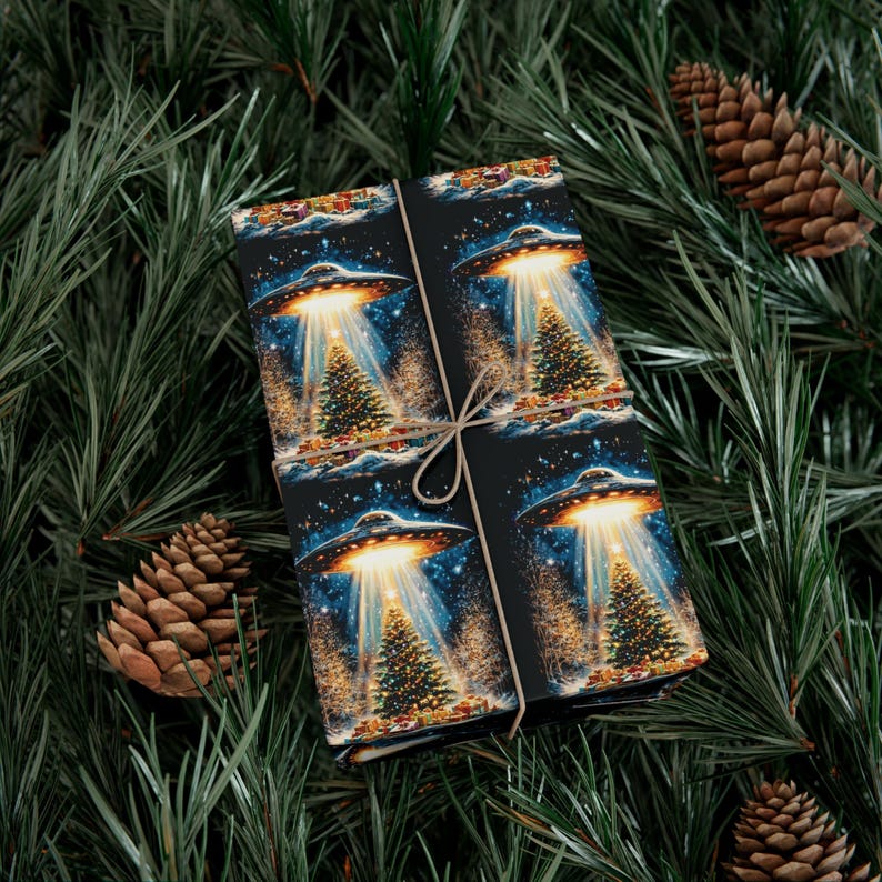 UFO Abducting Christmas Presents Wrapping Paper Holiday White Elephant Gift Wrap UFO Lover Alien Space Lover Sci-fi Paranormal Gift image 8