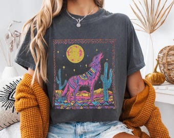 Sydvästra prärievargskjorta New Mexico Coyote Retro Neon Desert Graphic Tee Shirt Cowgirl Estetisk Tee Western Desert T-shirt Arizona Coyote