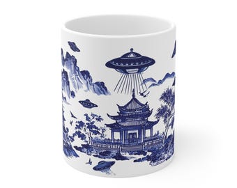Orientalische UFO-Entführungs-Tasse Einzigartige UFO-Entführung Toile De Jouy Tasse Perfektes Geschenk für UFO-Enthusiasten Orientalische Exportporzellan