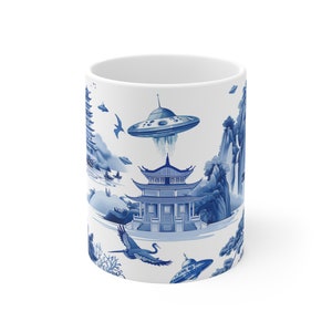 Unique UFO and Oriental Porcelain Style Mug - Perfect Gift for UFO Enthusiasts