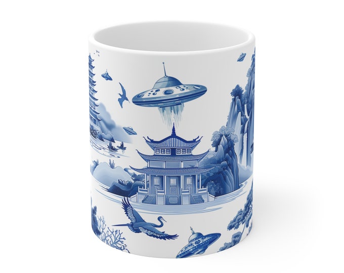 Unique UFO and Oriental Porcelain Style Mug - Perfect Gift for UFO Enthusiasts