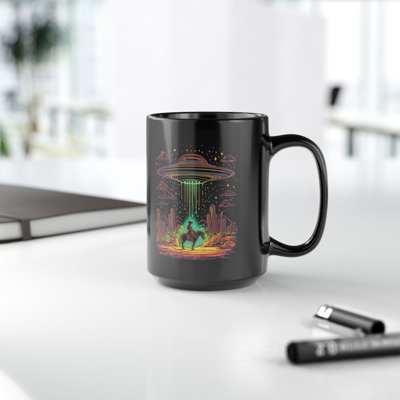 Neon UFO Cowboy Mug Sci-Fi Western Coffee Mug Alien Abduction Mug Alien Desert Design Perfect Gift for UFO Cowboy Fans Desert Cowboy image 7