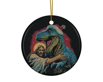 Jesus Santa Dinosaur Ornament Unhinged Christmas Decoration Funny Religious Parody Ornament T-rex Holiday Santa Hat White Elephant Gift