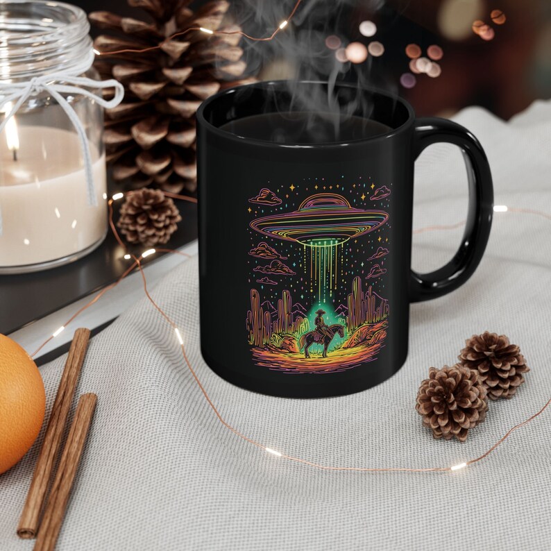 Neon UFO Cowboy Mug Sci-Fi Western Coffee Mug Alien Abduction Mug Alien Desert Design Perfect Gift for UFO Cowboy Fans Desert Cowboy image 3