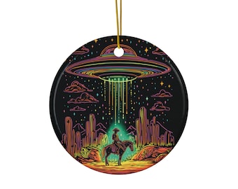 Neon UFO Cowboy Ornament Sci-Fi Western Alien Abduction Ornament White Elephant Gift UFO Unique Alien Desert Cowboy Funny Housewarming