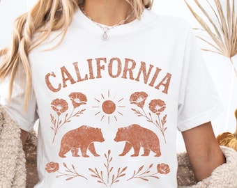 Camiseta de oso de California, camiseta de flor de amapola de California, camiseta estética de la costa oeste, bohemia, regalo para amantes de la naturaleza del estado de California, California retro