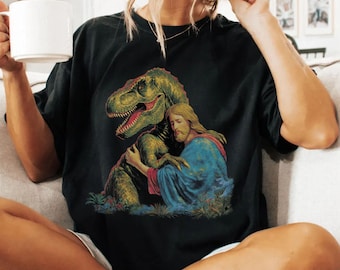 Jesus Dinosaur Shirt 90s Vintage Retro Christian Parody Conspiracy Shirt Religious Satire Funny T-Rex Theological Shirt 90s Nostalgia Shirt
