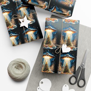 UFO Abducting Christmas Presents Wrapping Paper Holiday White Elephant Gift Wrap UFO Lover Alien Space Lover Sci-fi Paranormal Gift image 7
